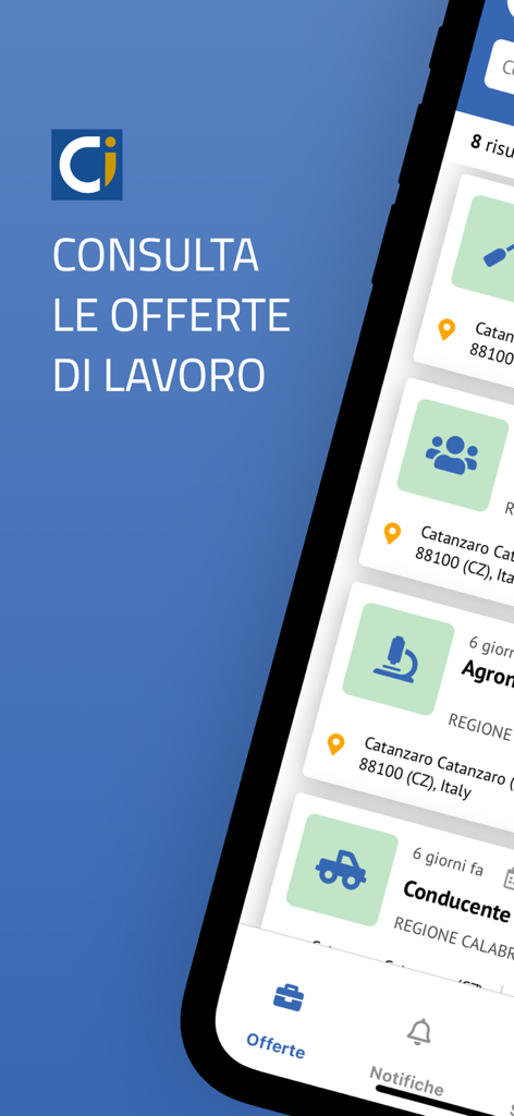 Lavoro per te Calabria - Interfaz de la aplicación móvil Lavoro per te Calabria que muestra listados de empleo para profesionales y trabajadores en Italia.