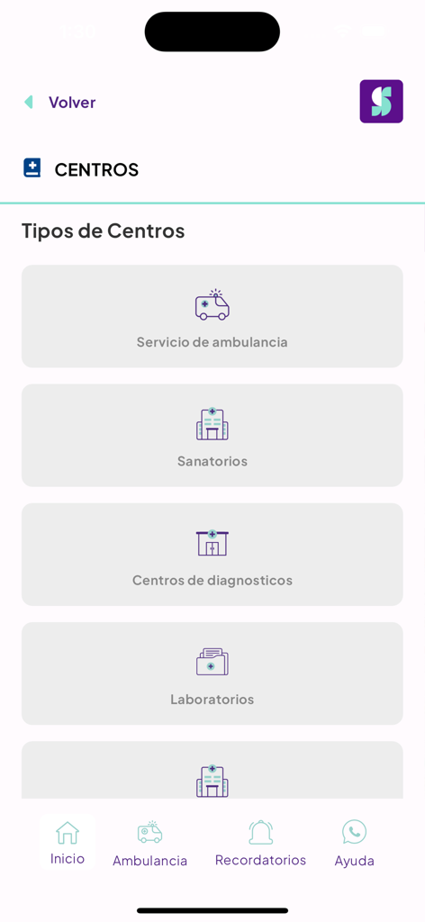 Santa Clara Medicina Prepaga - Pantalla de la aplicación Santa Clara Medicina Prepaga que muestra un menú de tipos de servicios médicos que incluyen servicios de ambulancia, hospitales, centros de diagnóstico y laboratorios.