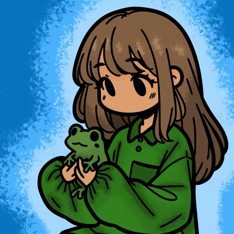 girl with long hair and a oversized shirt. and she is holding a frog