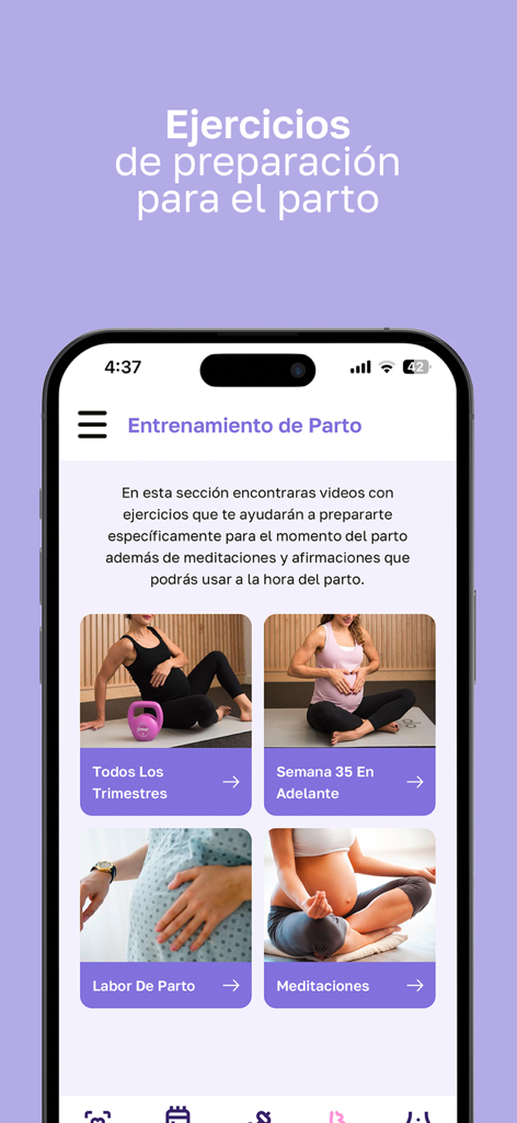 JimeFitMom: Pre y Posnatal - JimeFitMom app screen showing labor preparation training and prenatal meditation modules.