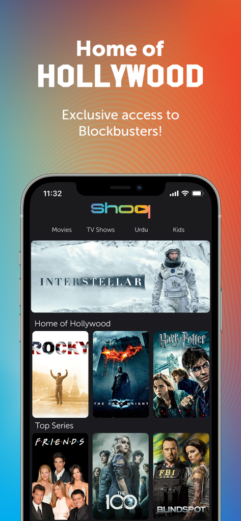 SHOQ – Live TV, Movies & more - SHOQ app interface displaying Hollywood blockbuster movies and TV shows including Interstellar and The Dark Knight.