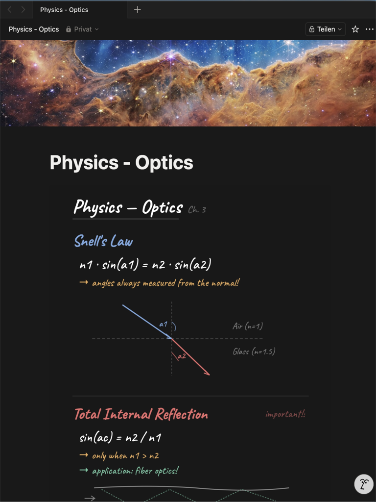 Pencil for Notionで作成された手書きの物理学のノートと図が統合された、ダークモードのNotionページ