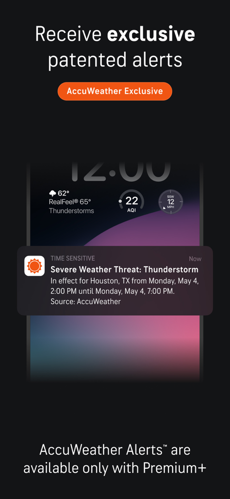A smartphone lock screen showing a time-sensitive severe weather threat notification for a thunderstorm from the AccuWeather app.