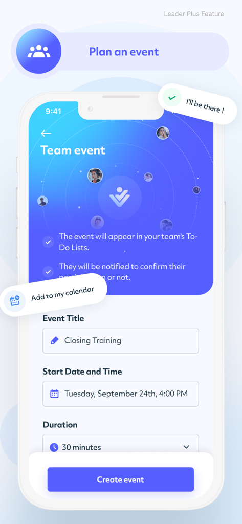 Una interfaz móvil para programar un evento de equipo de network marketing con campos para título, fecha y duración