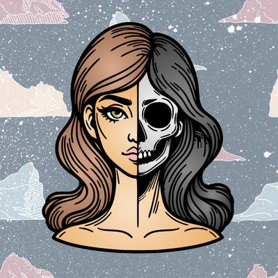 bust of a woman, half face and hair, half skull