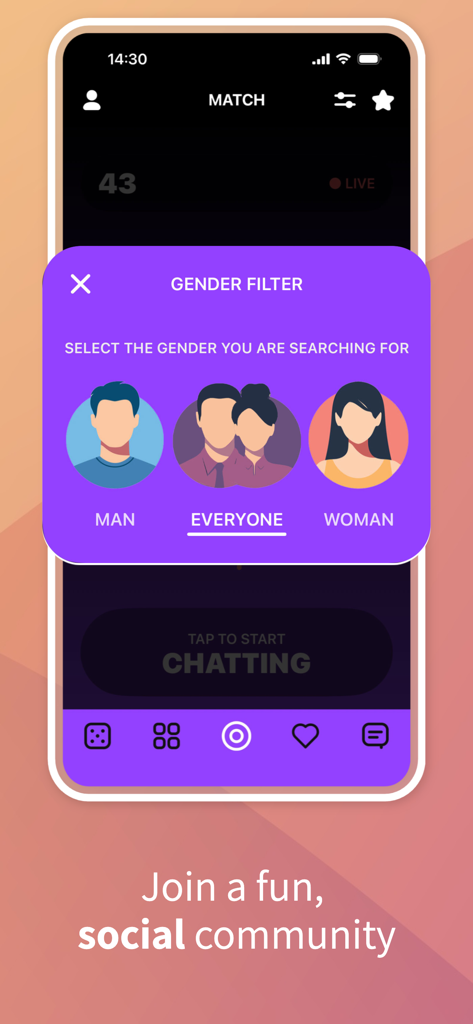 Zingy - Love at First Chat - Interface of the Zingy app showing a gender filter pop up with options for man everyone or woman to start chatting