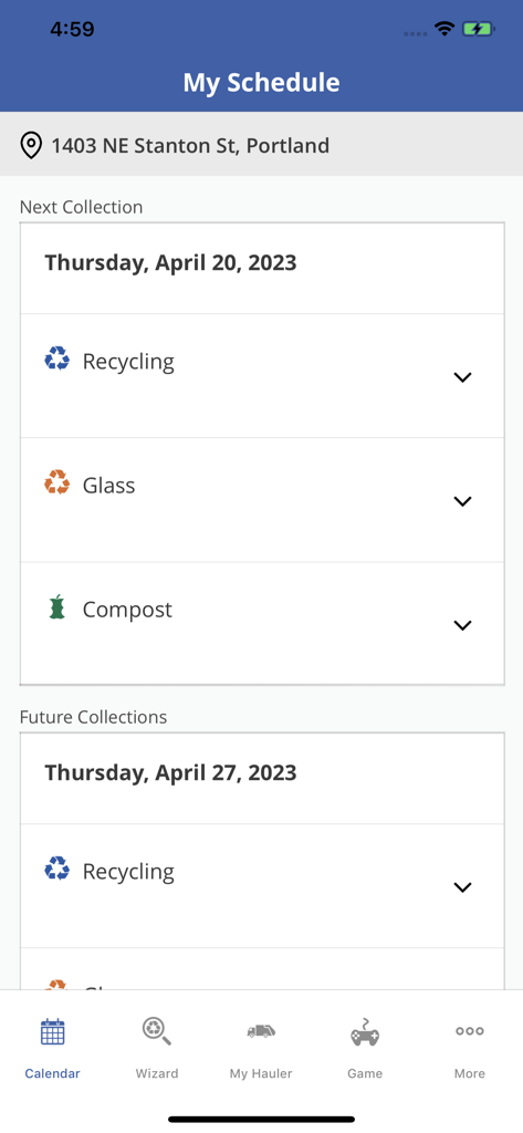 Portland Garbage Day Reminder - Portland Garbage Day Reminder app screen showing the upcoming waste collection schedule for a residential address