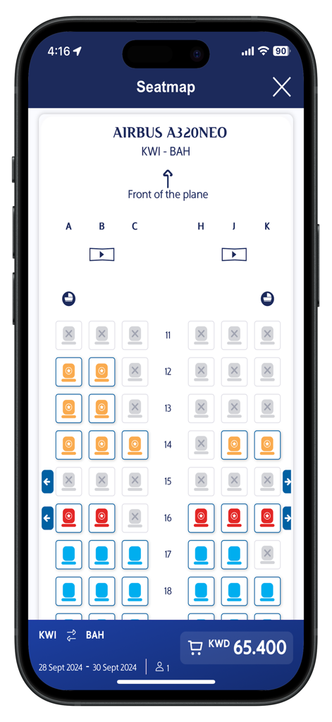 Kuwait Airways mobile app seatmap for an Airbus A320NEO flight from Kuwait to Bahrain showing available and occupied seats