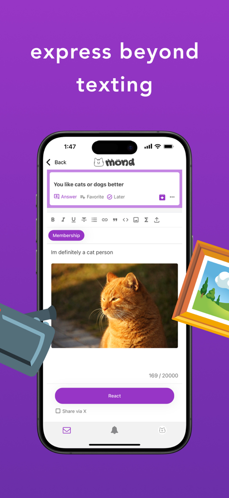 mond - anonymous q&a platform - Mond-App-Oberfläche auf einem Smartphone-Bildschirm, die ein Foto einer roten Katze als Antwort auf eine anonyme Frage zeigt.