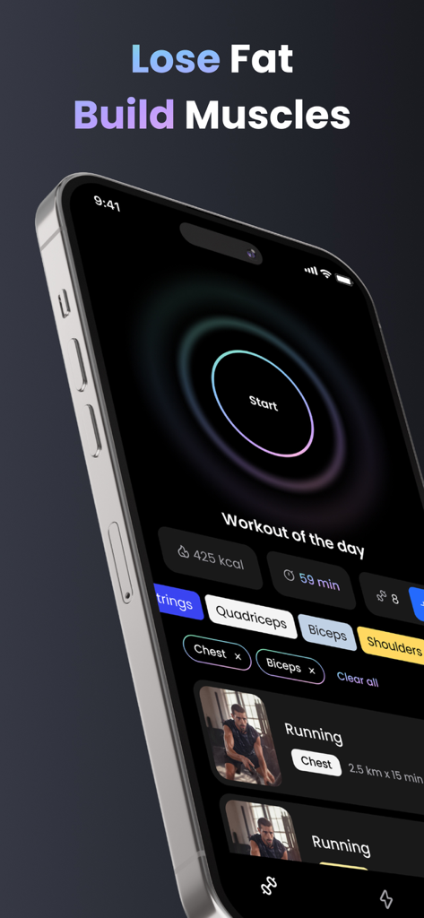 Fitonist app interface displaying daily workout goals and muscle group selections