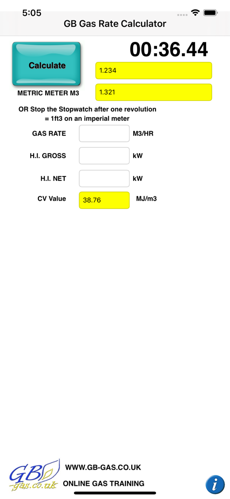 GB Gas Rate Calculator - User interface of the GB Gas Rate Calculator mobile app showing a stopwatch and metric meter input fields.