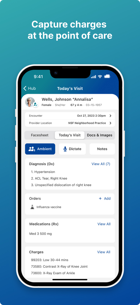 NextGen Mobile app interface showing patient visit details and clinical charge capture.