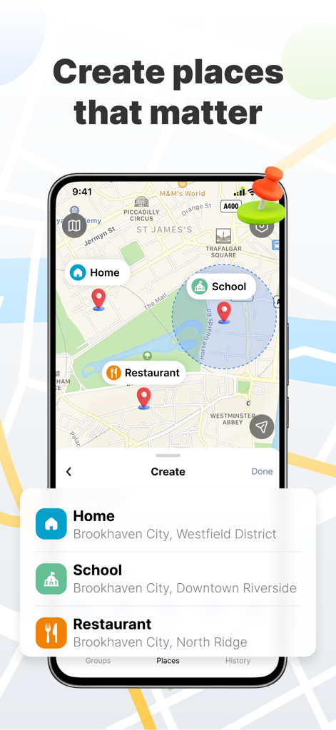 Phone Tracker: Find Family - Un smartphone affichant une interface de carte où les utilisateurs peuvent créer et suivre des lieux spécifiques comme la maison et l'école.