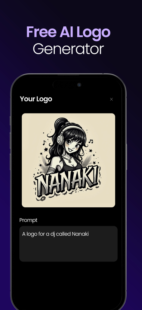 AI Logo Maker - Logi - Logi AI Logo Maker app interface showing a custom generated DJ logo from a text prompt