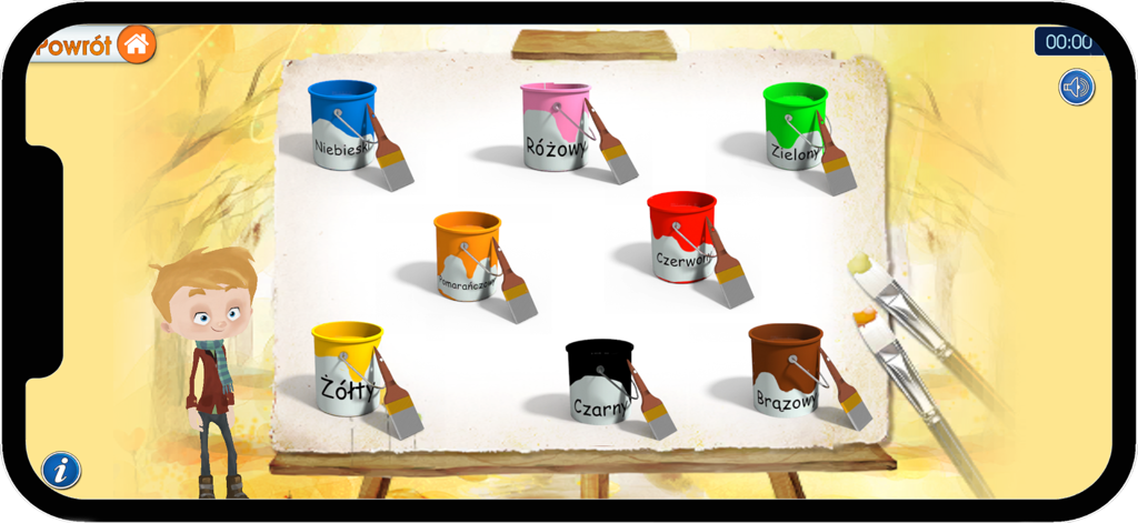Kreatywny Brzdąc 01 - A child's educational app screen showing eight paint cans with color names in Polish and a cartoon boy character.