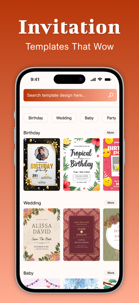 Invitation Maker-RSVP,Greeting - Interfaz de aplicación móvil que muestra una variedad de plantillas de invitaciones para eventos de cumpleaños y bodas