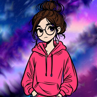 teen girl with a messy bun and glasses wearing a loose hoodie and jeans