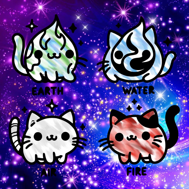 4 cats that represent the different elements, earth, water, air, and fire