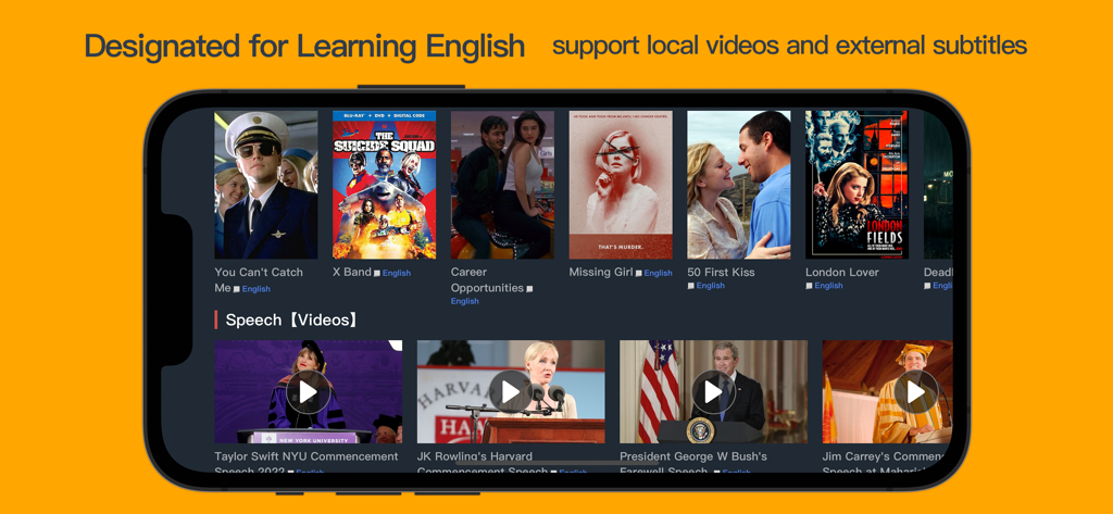 Pollykann 앱 인터페이스는 영어 학습을 위한 영화 및 연설 동영상 라이브러리를 보여줍니다.