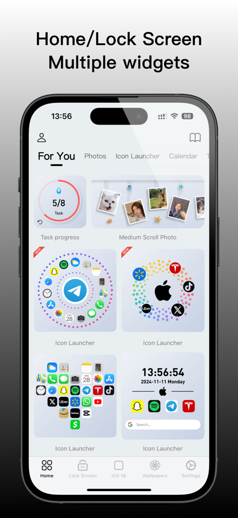 MoYo Widgets：Home/Lock Screen - Interfaz de la aplicación MoYo Widgets que muestra varias opciones de widgets personalizables para pantalla de inicio y bloqueo, incluidos lanzadores de iconos y desplazamientos de fotos