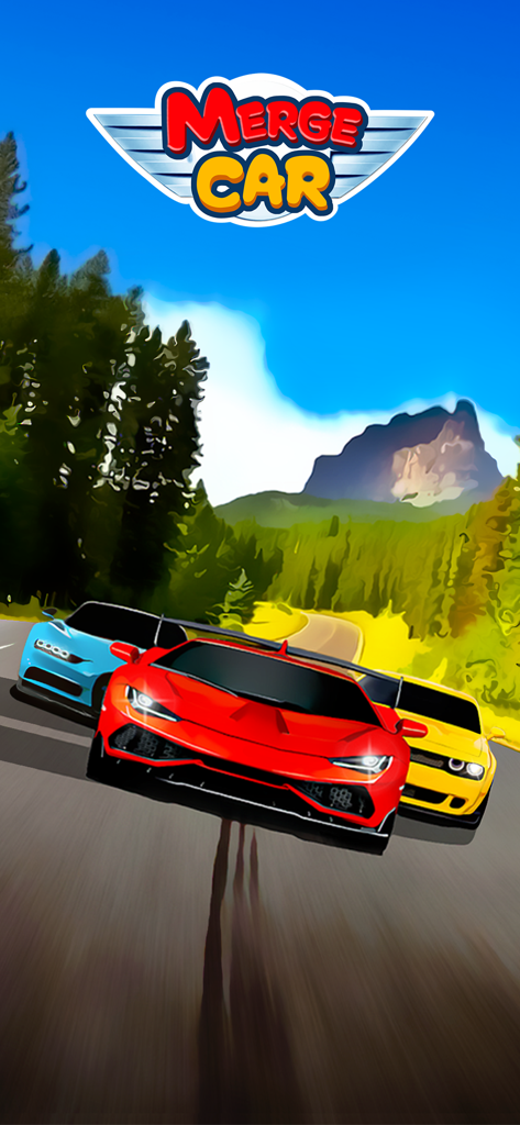 Merge Car - Idle Car Tycoon - Three sports cars racing on a scenic mountain road with the Merge Car game logo