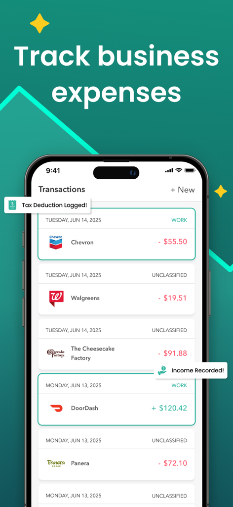 Everlance: Mileage Tracker - Everlance app interface showing a list of transactions categorized for business tax deductions and income recording