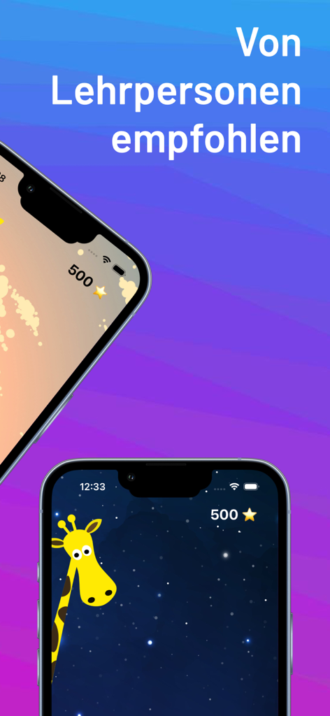 Blitzlesen: Das Original - Écrans de smartphones affichant l'application de lecture Blitzlesen avec une mascotte girafe et une recommandation d'enseignant