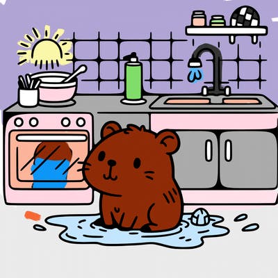 cute capybara taking a bath in a kitchen