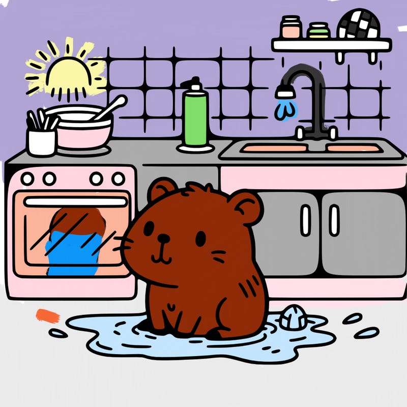 cute capybara taking a bath in a kitchen