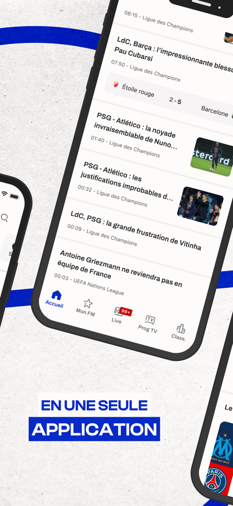 Foot Mercato : Transferts - La pantalla de inicio de la aplicación móvil Foot Mercato mostrando un feed de titulares de noticias de fútbol y resultados de partidos en vivo.