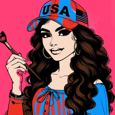 realistic beautiful girl wearing a usa hat holding a paint brush