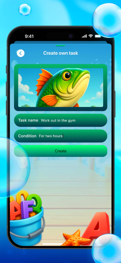 Deep Sea Fish Notes or Task - Mobile app screen for creating a personal task featuring a colorful fish illustration and text fields for task name and duration.