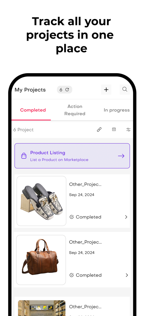 DoMyShoot Product Photo Studio - A mobile dashboard showing tracked product photography projects including completed listings for shoes and a leather bag