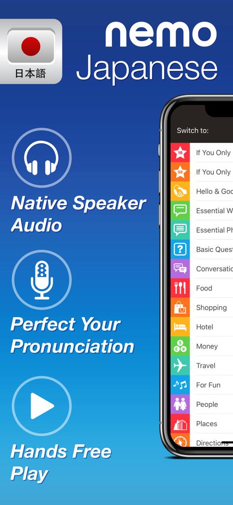 Japanese by Nemo - The Japanese by Nemo app interface showcasing features like native speaker audio, pronunciation studio, and hands free play mode.
