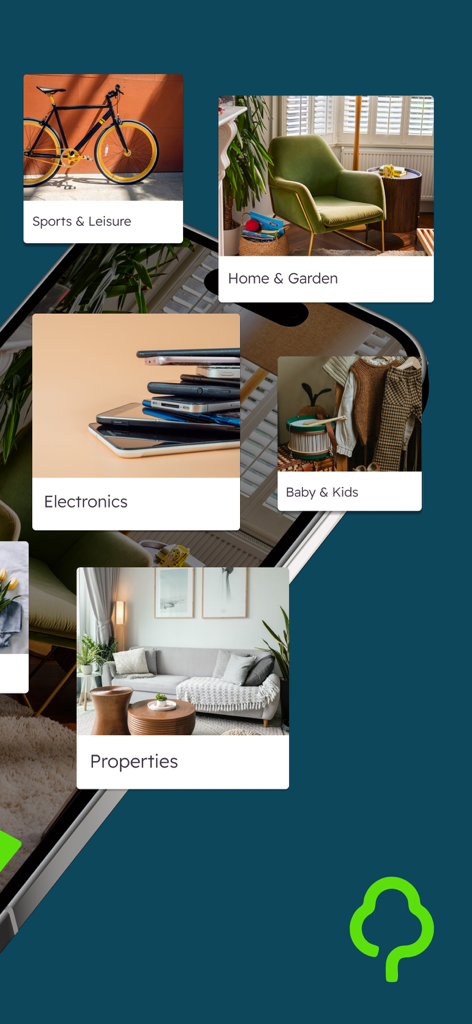 Gumtree app interface showcasing various marketplace categories including home and garden electronics and sports