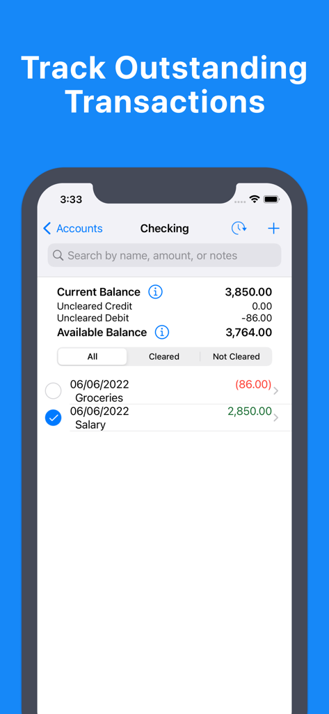 Balance My Checkbook - Mobile app screen showing a checking account with current balance available balance and a list of cleared and uncleared transactions