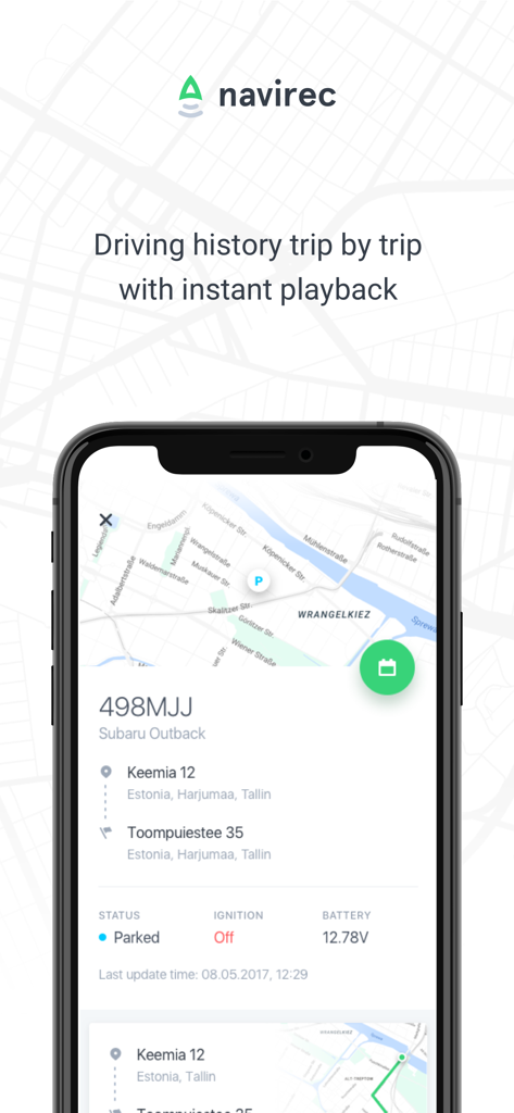 Navirec - Navirec mobile app interface displaying detailed driving history and vehicle status on a map