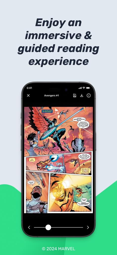 VeVe Comics Reader - Un smartphone que muestra una página de cómic de Marvel Avengers dentro de la aplicación Lector de Cómics VeVe con una interfaz de lectura guiada inmersiva.