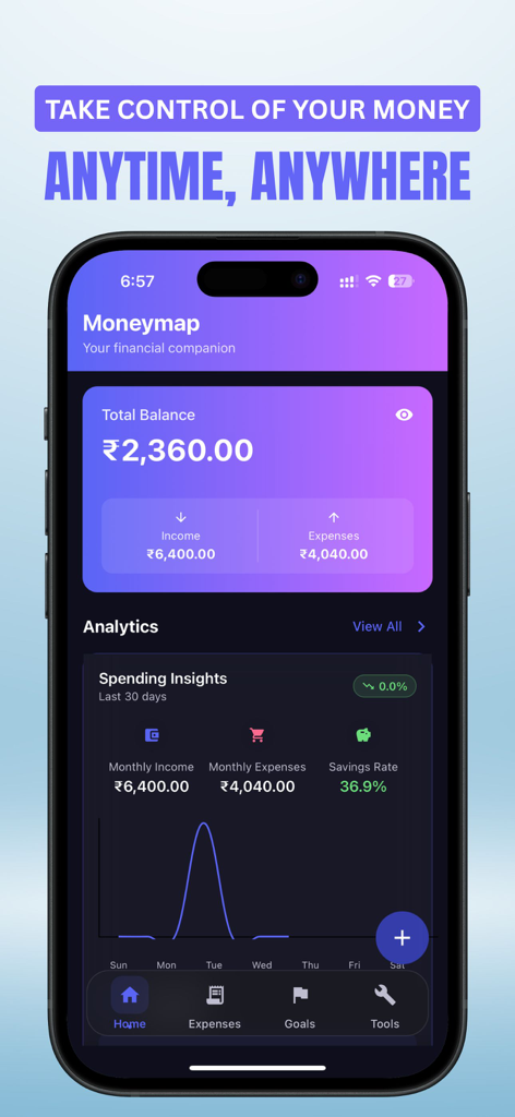 Tela inicial do aplicativo MoneyMap mostrando saldo financeiro e insights de gastos