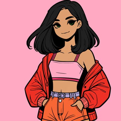 a realistic girl with a crop top and short shorts in an open jacket