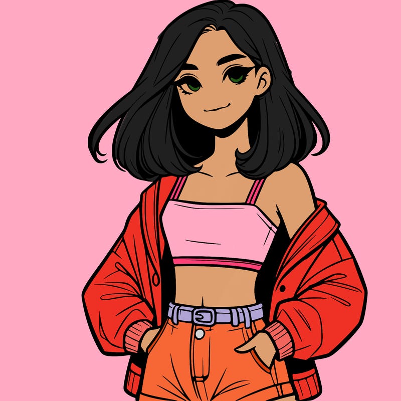 a realistic girl with a crop top and short shorts in an open jacket