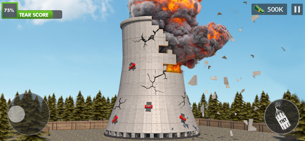 Uma torre de arrefecimento a explodir com TNT no jogo Destroy and Demolition the City