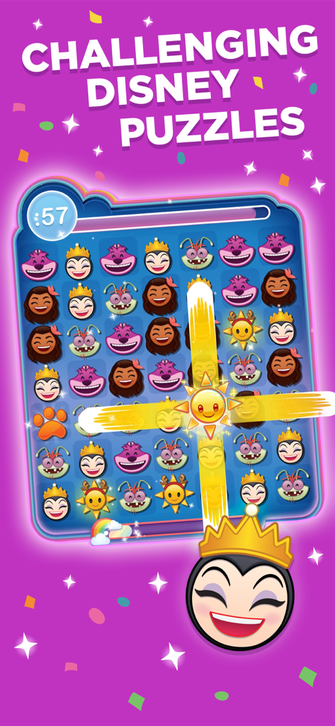 Gameplay screenshot of Disney Emoji Blitz showing a match-3 puzzle with character emojis and power-ups.