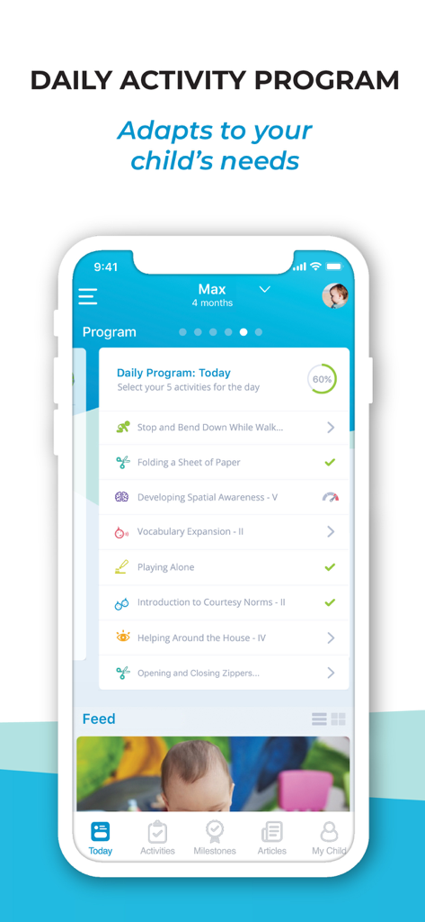 A mobile screen showing the BabySparks daily developmental activity program for parents.