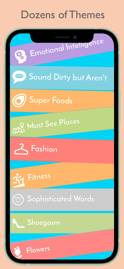 Word Search Puzzle· - Una lista de coloridos temas de búsqueda de palabras, incluyendo Moda, Fitness y Flores