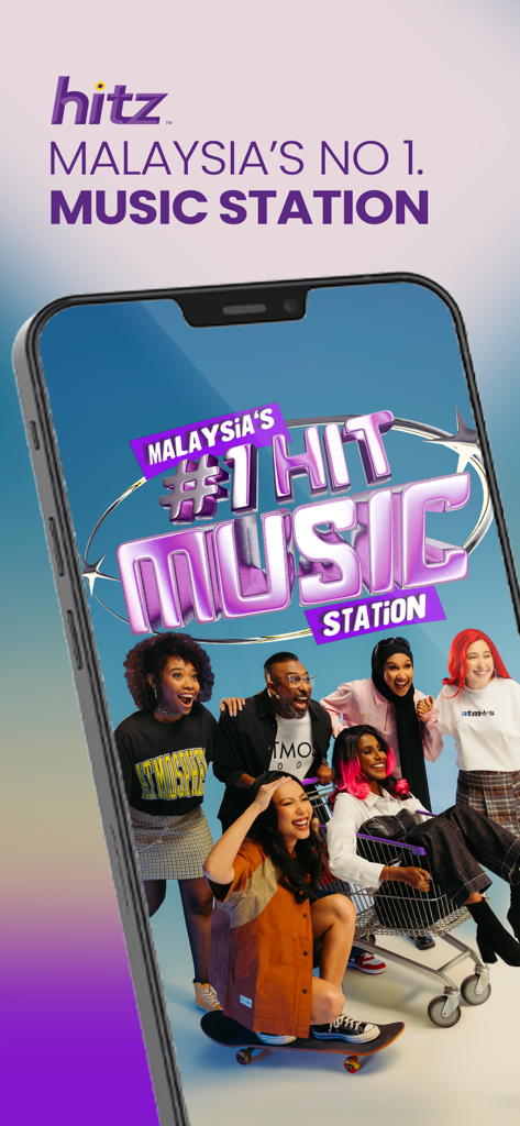 HITZ radio app promotional screen featuring popular Malaysian radio personalities and hit music branding