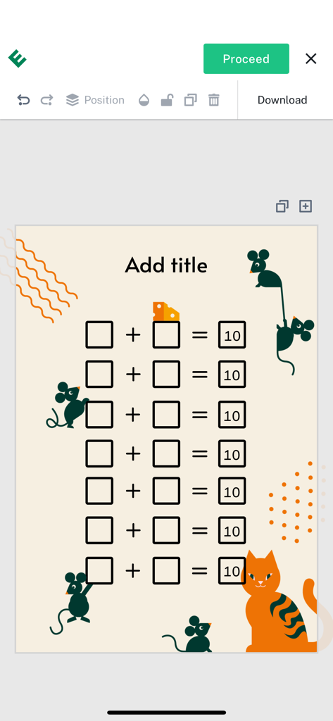 Interface of the Freeed for Teachers app showing a math worksheet editor with addition problems and animal illustrations for elementary students