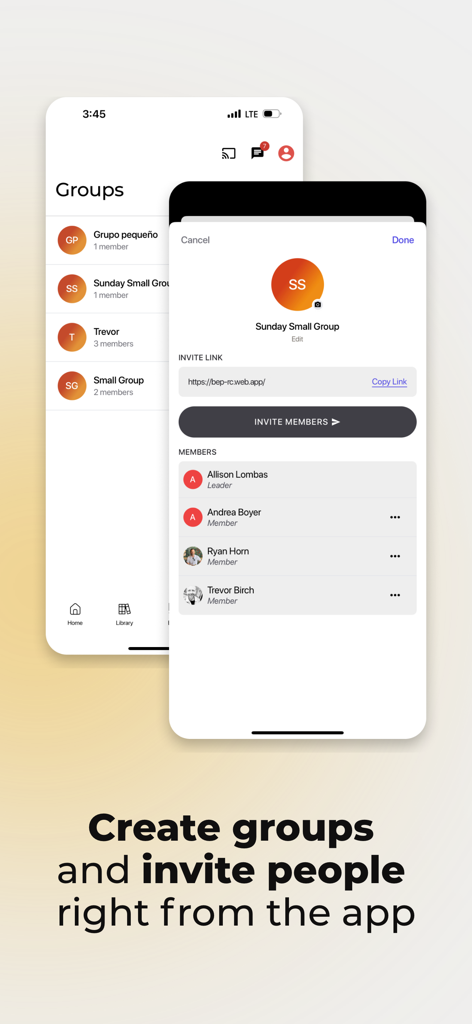 Screen showing group creation and member invitation features for church small groups