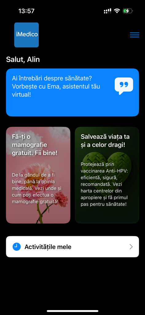iMedico - iMedico mobile app home screen with virtual assistant chat and healthcare guide cards