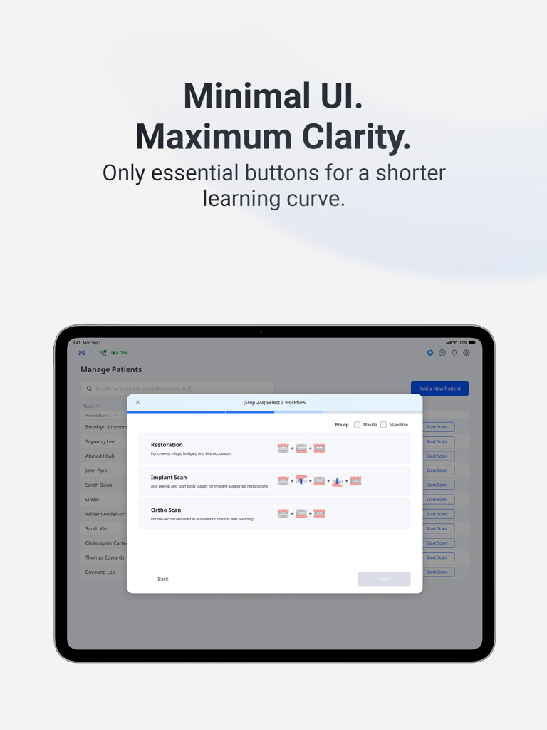 Medit Link Express iPad interface showing dental scan workflow options including restoration and implant scans